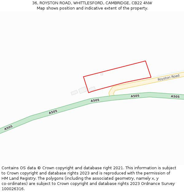 36, ROYSTON ROAD, WHITTLESFORD, CAMBRIDGE, CB22 4NW: Location map and indicative extent of plot