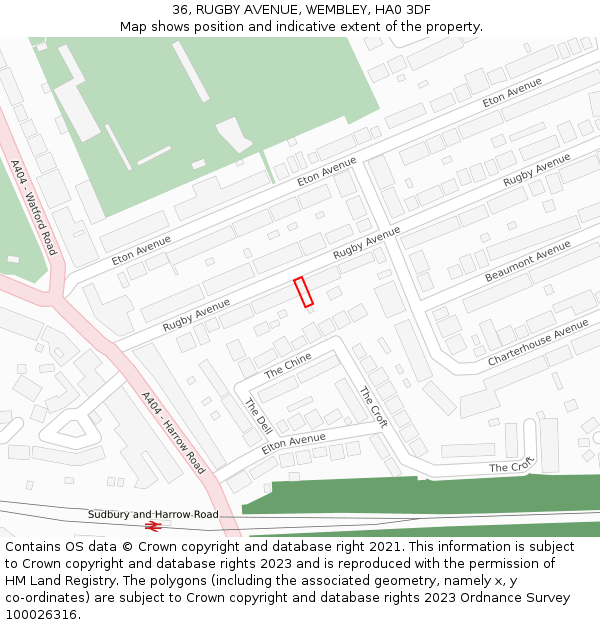 36, RUGBY AVENUE, WEMBLEY, HA0 3DF: Location map and indicative extent of plot