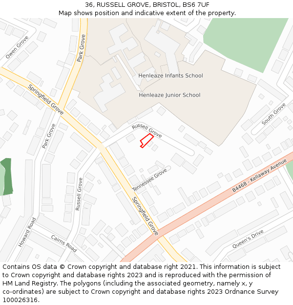 36, RUSSELL GROVE, BRISTOL, BS6 7UF: Location map and indicative extent of plot