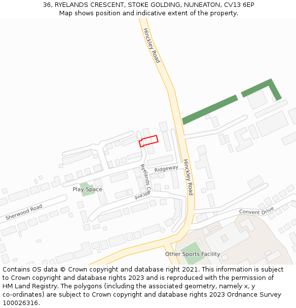 36, RYELANDS CRESCENT, STOKE GOLDING, NUNEATON, CV13 6EP: Location map and indicative extent of plot