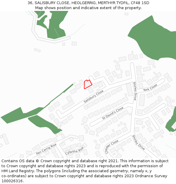 36, SALISBURY CLOSE, HEOLGERRIG, MERTHYR TYDFIL, CF48 1SD: Location map and indicative extent of plot