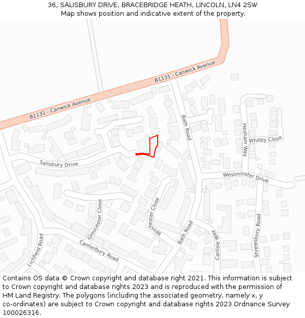 36, SALISBURY DRIVE, BRACEBRIDGE HEATH, LINCOLN, LN4 2SW: Location map and indicative extent of plot