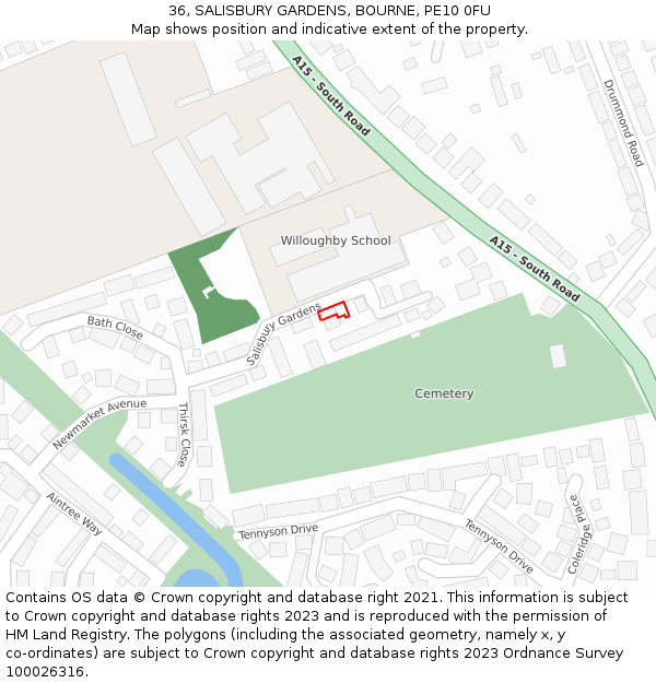 36, SALISBURY GARDENS, BOURNE, PE10 0FU: Location map and indicative extent of plot