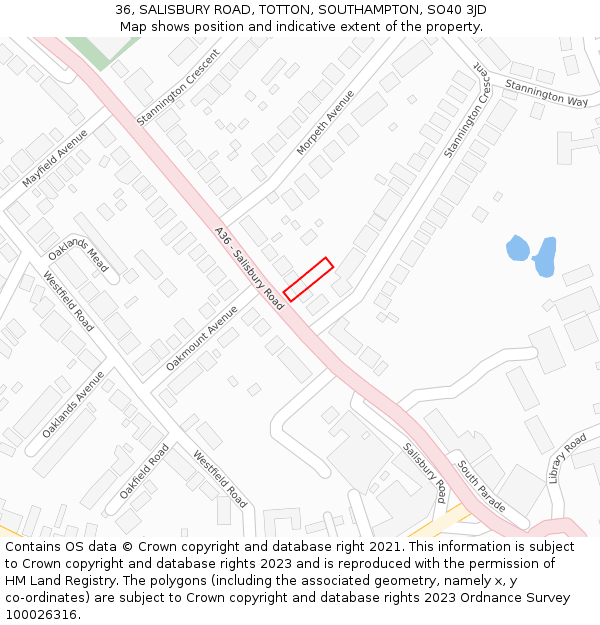 36, SALISBURY ROAD, TOTTON, SOUTHAMPTON, SO40 3JD: Location map and indicative extent of plot