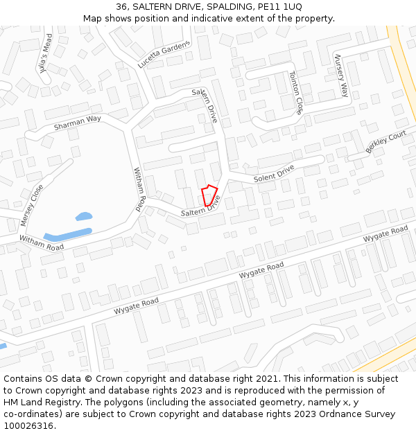36, SALTERN DRIVE, SPALDING, PE11 1UQ: Location map and indicative extent of plot