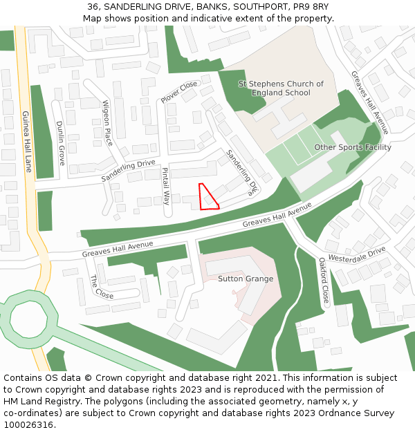 36, SANDERLING DRIVE, BANKS, SOUTHPORT, PR9 8RY: Location map and indicative extent of plot