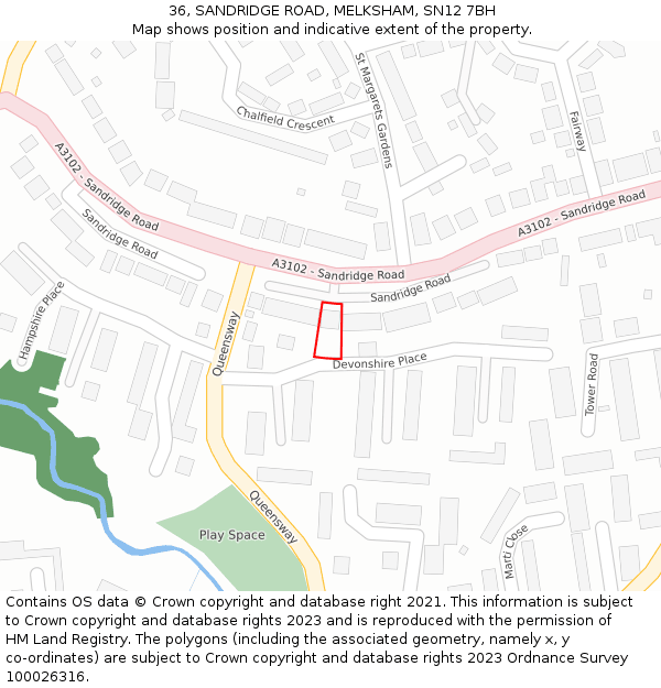 36, SANDRIDGE ROAD, MELKSHAM, SN12 7BH: Location map and indicative extent of plot