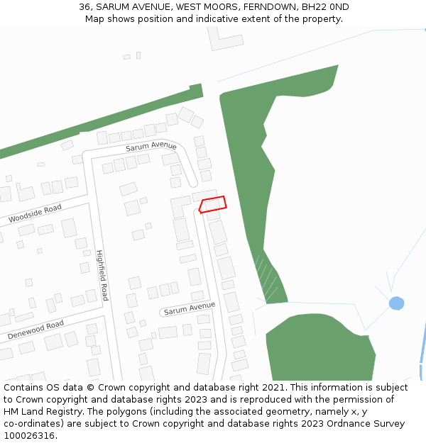 36, SARUM AVENUE, WEST MOORS, FERNDOWN, BH22 0ND: Location map and indicative extent of plot