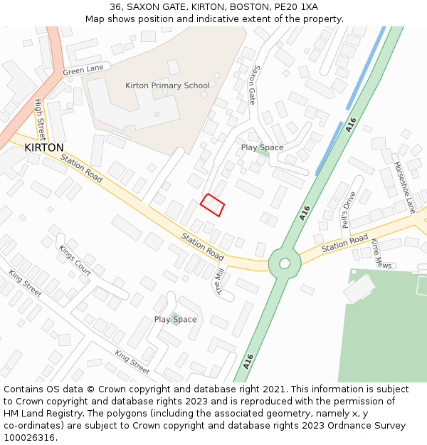 36, SAXON GATE, KIRTON, BOSTON, PE20 1XA: Location map and indicative extent of plot