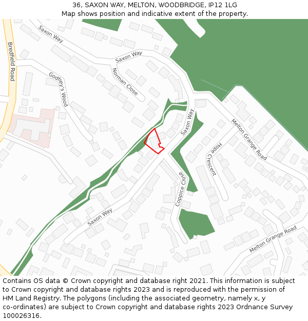 36, SAXON WAY, MELTON, WOODBRIDGE, IP12 1LG: Location map and indicative extent of plot