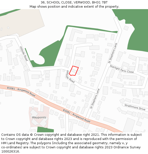 36, SCHOOL CLOSE, VERWOOD, BH31 7BT: Location map and indicative extent of plot