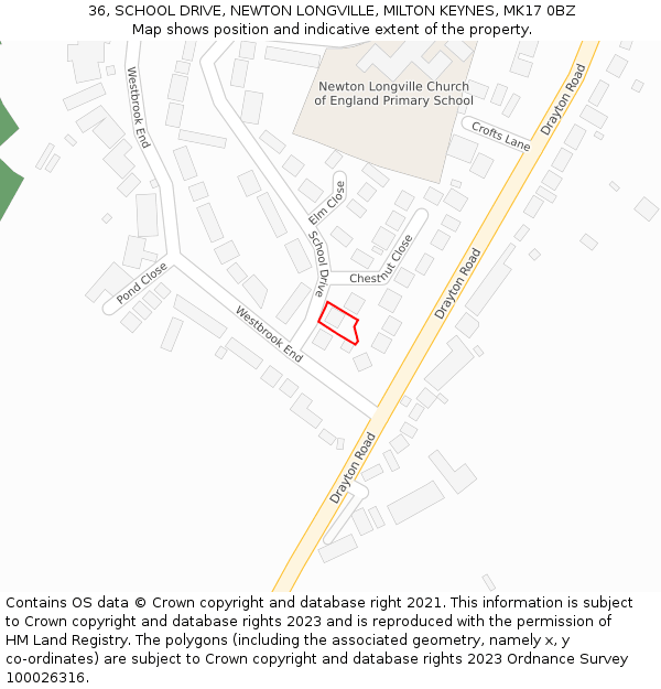 36, SCHOOL DRIVE, NEWTON LONGVILLE, MILTON KEYNES, MK17 0BZ: Location map and indicative extent of plot