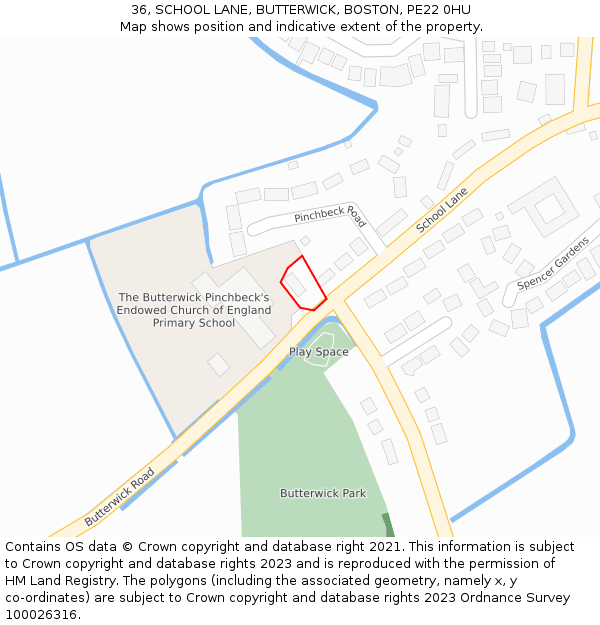 36, SCHOOL LANE, BUTTERWICK, BOSTON, PE22 0HU: Location map and indicative extent of plot