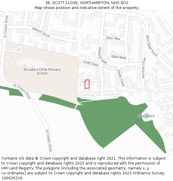 36, SCOTT CLOSE, NORTHAMPTON, NN5 4DZ: Location map and indicative extent of plot