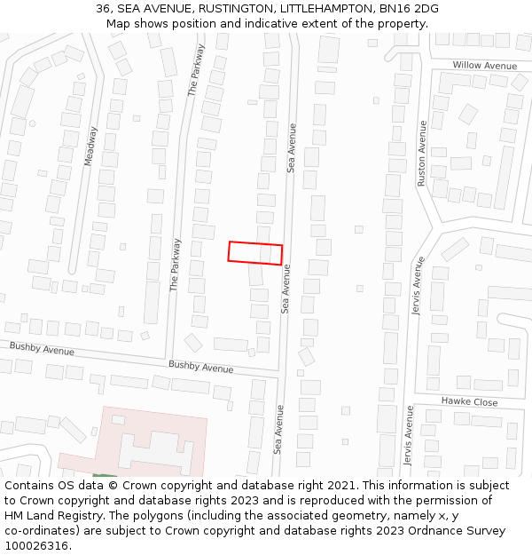 36, SEA AVENUE, RUSTINGTON, LITTLEHAMPTON, BN16 2DG: Location map and indicative extent of plot