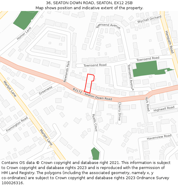 36, SEATON DOWN ROAD, SEATON, EX12 2SB: Location map and indicative extent of plot