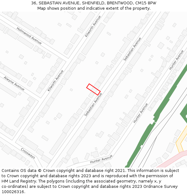 36, SEBASTIAN AVENUE, SHENFIELD, BRENTWOOD, CM15 8PW: Location map and indicative extent of plot