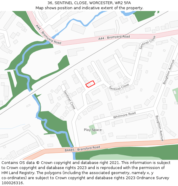 36, SENTINEL CLOSE, WORCESTER, WR2 5FA: Location map and indicative extent of plot