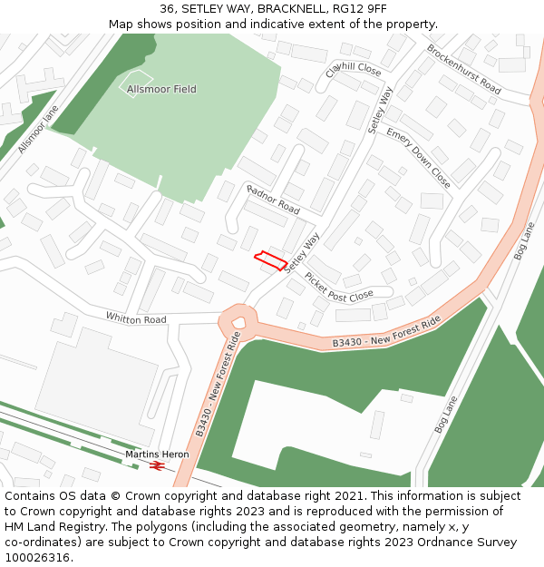 36, SETLEY WAY, BRACKNELL, RG12 9FF: Location map and indicative extent of plot