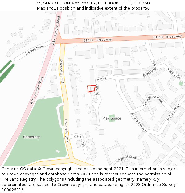 36, SHACKLETON WAY, YAXLEY, PETERBOROUGH, PE7 3AB: Location map and indicative extent of plot