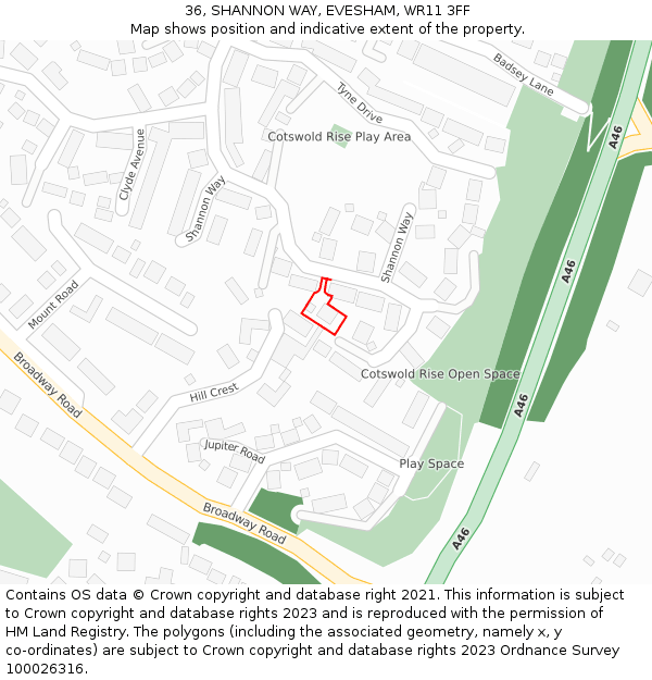 36, SHANNON WAY, EVESHAM, WR11 3FF: Location map and indicative extent of plot