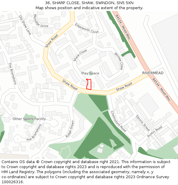 36, SHARP CLOSE, SHAW, SWINDON, SN5 5XN: Location map and indicative extent of plot