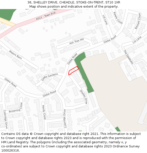 36, SHELLEY DRIVE, CHEADLE, STOKE-ON-TRENT, ST10 1XR: Location map and indicative extent of plot