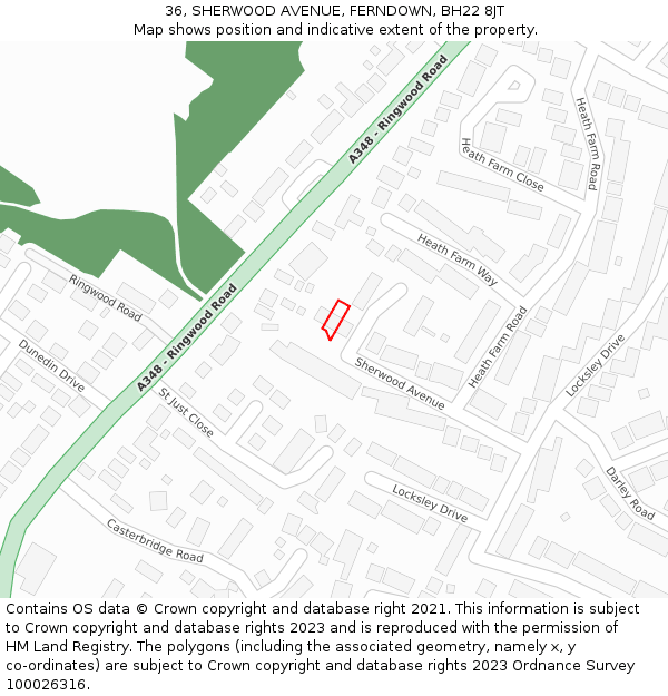 36, SHERWOOD AVENUE, FERNDOWN, BH22 8JT: Location map and indicative extent of plot