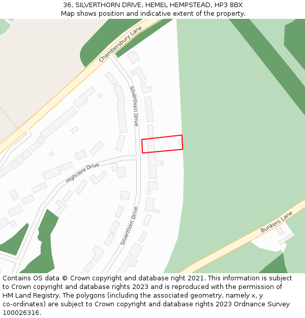 36, SILVERTHORN DRIVE, HEMEL HEMPSTEAD, HP3 8BX: Location map and indicative extent of plot