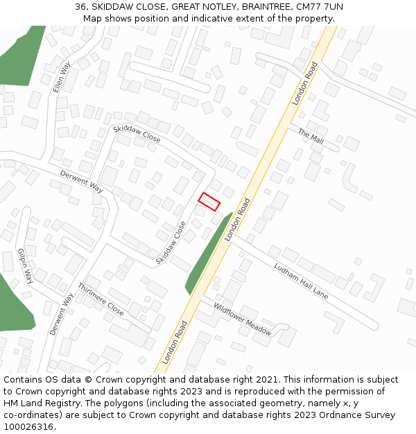 36, SKIDDAW CLOSE, GREAT NOTLEY, BRAINTREE, CM77 7UN: Location map and indicative extent of plot