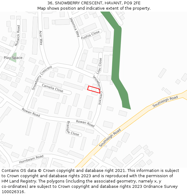 36, SNOWBERRY CRESCENT, HAVANT, PO9 2FE: Location map and indicative extent of plot