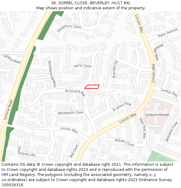 36, SORREL CLOSE, BEVERLEY, HU17 8XL: Location map and indicative extent of plot