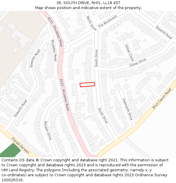 36, SOUTH DRIVE, RHYL, LL18 4ST: Location map and indicative extent of plot