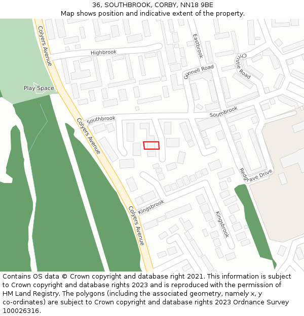 36, SOUTHBROOK, CORBY, NN18 9BE: Location map and indicative extent of plot