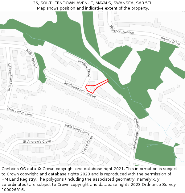 36, SOUTHERNDOWN AVENUE, MAYALS, SWANSEA, SA3 5EL: Location map and indicative extent of plot