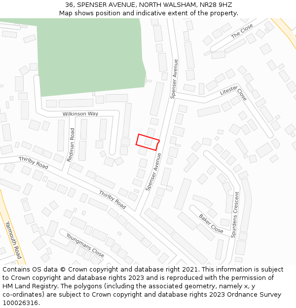 36, SPENSER AVENUE, NORTH WALSHAM, NR28 9HZ: Location map and indicative extent of plot