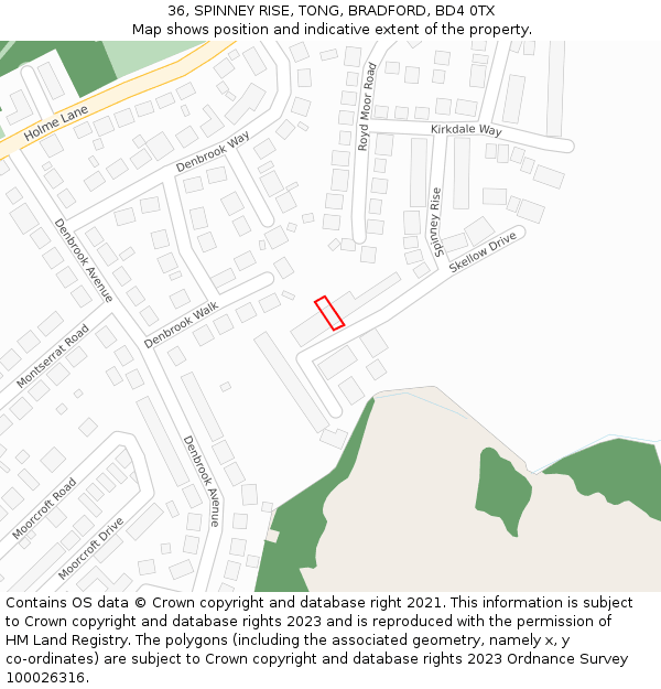 36, SPINNEY RISE, TONG, BRADFORD, BD4 0TX: Location map and indicative extent of plot