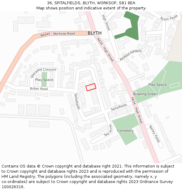 36, SPITALFIELDS, BLYTH, WORKSOP, S81 8EA: Location map and indicative extent of plot