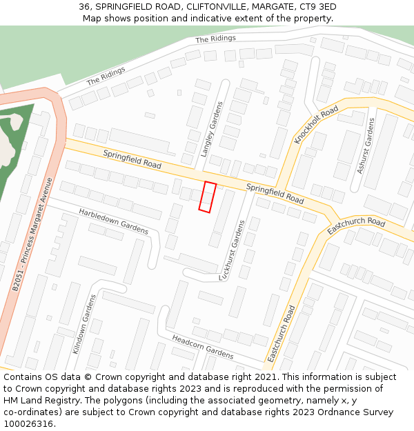 36, SPRINGFIELD ROAD, CLIFTONVILLE, MARGATE, CT9 3ED: Location map and indicative extent of plot