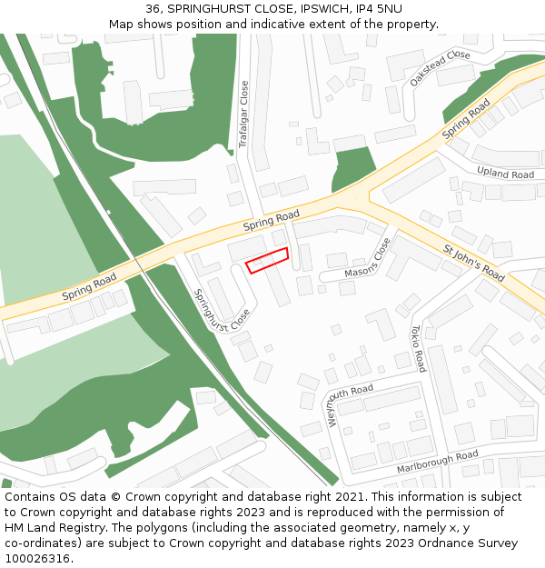 36, SPRINGHURST CLOSE, IPSWICH, IP4 5NU: Location map and indicative extent of plot