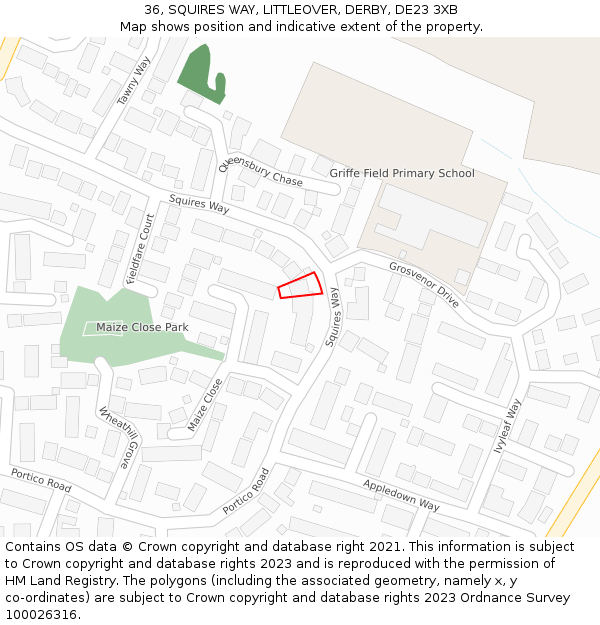 36, SQUIRES WAY, LITTLEOVER, DERBY, DE23 3XB: Location map and indicative extent of plot