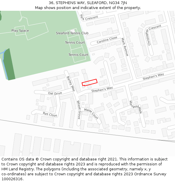 36, STEPHENS WAY, SLEAFORD, NG34 7JN: Location map and indicative extent of plot