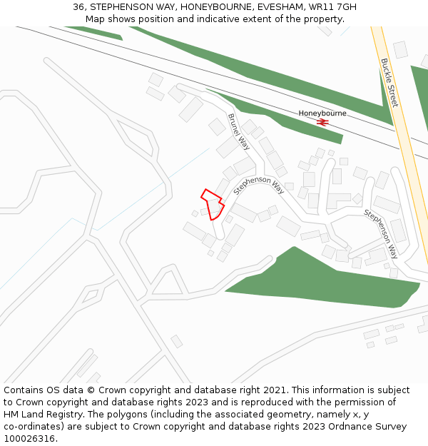 36, STEPHENSON WAY, HONEYBOURNE, EVESHAM, WR11 7GH: Location map and indicative extent of plot