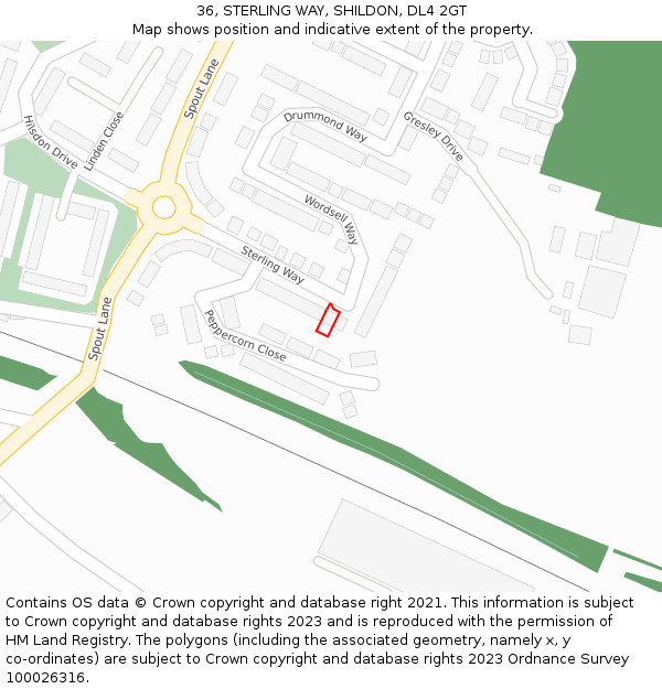 36, STERLING WAY, SHILDON, DL4 2GT: Location map and indicative extent of plot