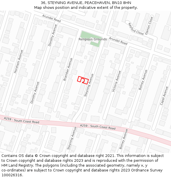 36, STEYNING AVENUE, PEACEHAVEN, BN10 8HN: Location map and indicative extent of plot