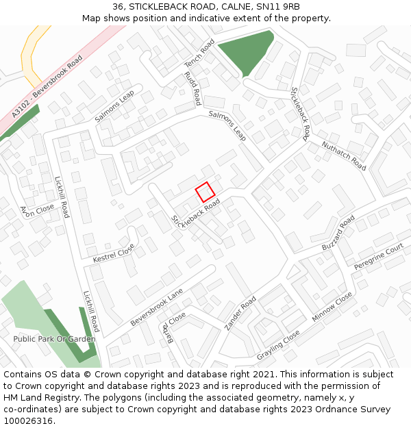 36, STICKLEBACK ROAD, CALNE, SN11 9RB: Location map and indicative extent of plot