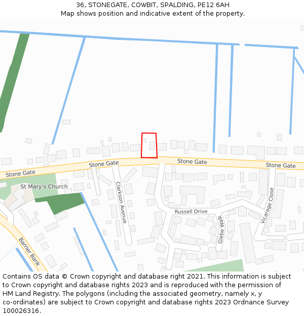 36, STONEGATE, COWBIT, SPALDING, PE12 6AH: Location map and indicative extent of plot