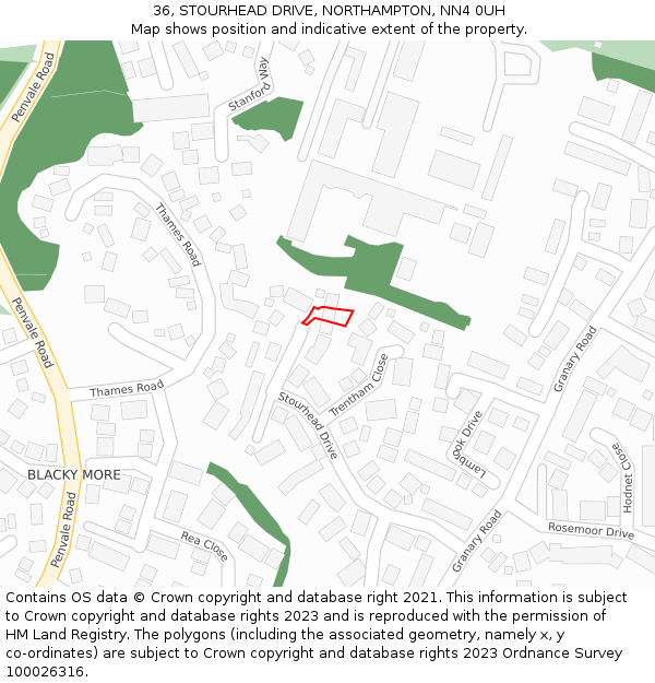 36, STOURHEAD DRIVE, NORTHAMPTON, NN4 0UH: Location map and indicative extent of plot