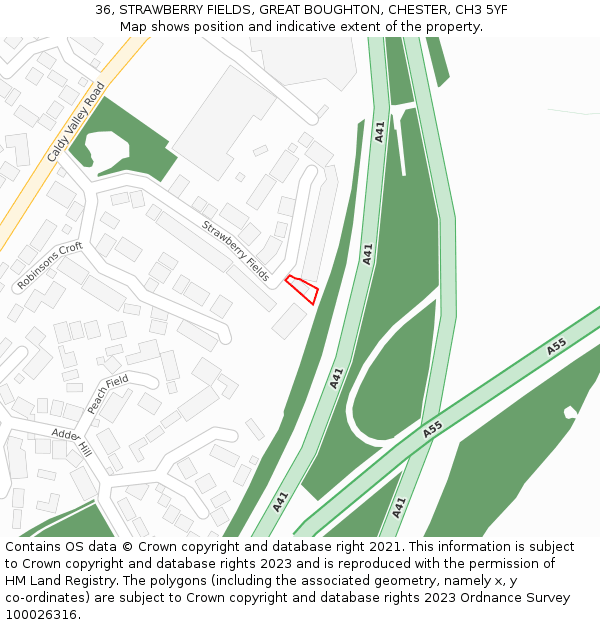 36, STRAWBERRY FIELDS, GREAT BOUGHTON, CHESTER, CH3 5YF: Location map and indicative extent of plot