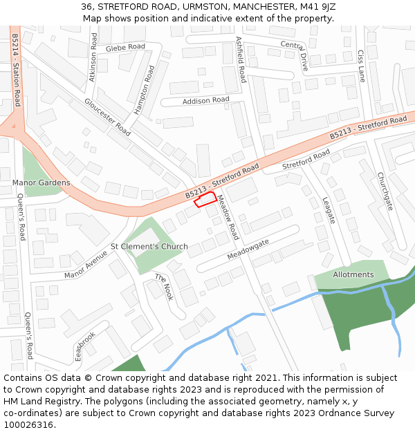 36, STRETFORD ROAD, URMSTON, MANCHESTER, M41 9JZ: Location map and indicative extent of plot